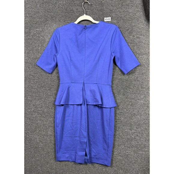 Trina Turk Sheath Dress Womens Medium Blue Peplum Knit Knee Length Half Sleeve - Picture 2 of 7